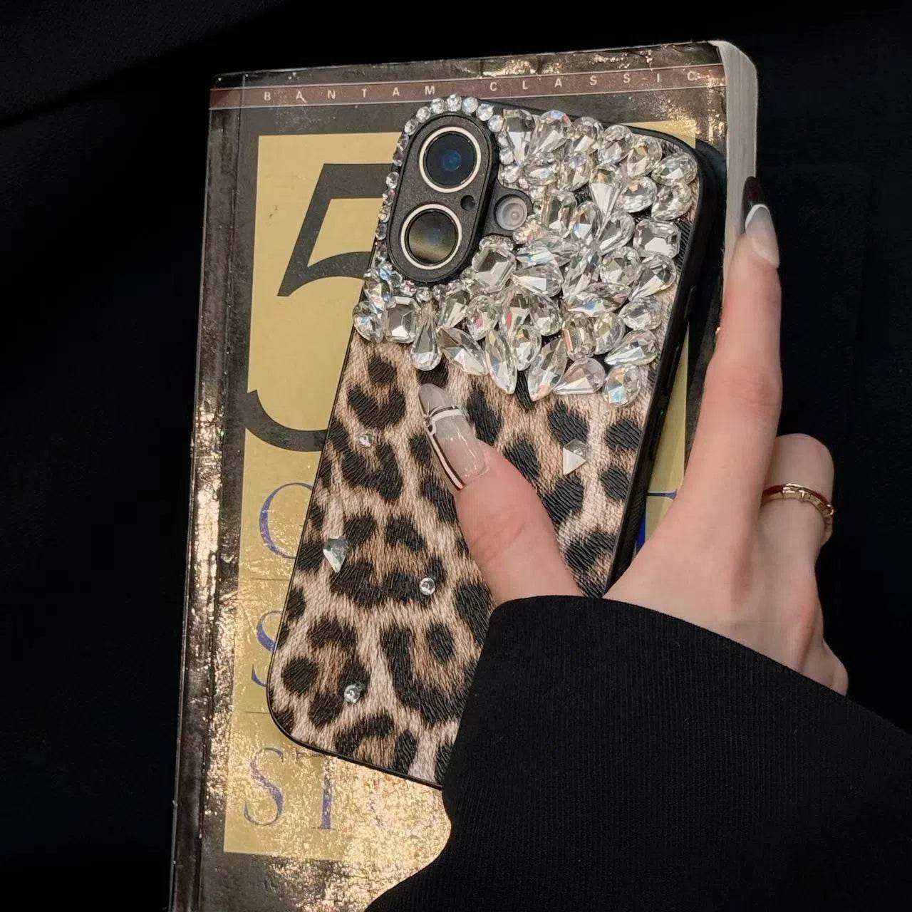 Luxury Cheetah Print Phone Case with Gemstones - Shockproof Full-Body Protection for iPhone 14/13/12 LP14 - yTagCase