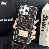 Black GG Denim Label Luxury Phone Case with Card Holder LX104 for iPhone 16 Pro Max