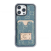 Light Blue GG Denim Tab Luxury Wallet Phone Case for iPhone 16 Pro Max LX106