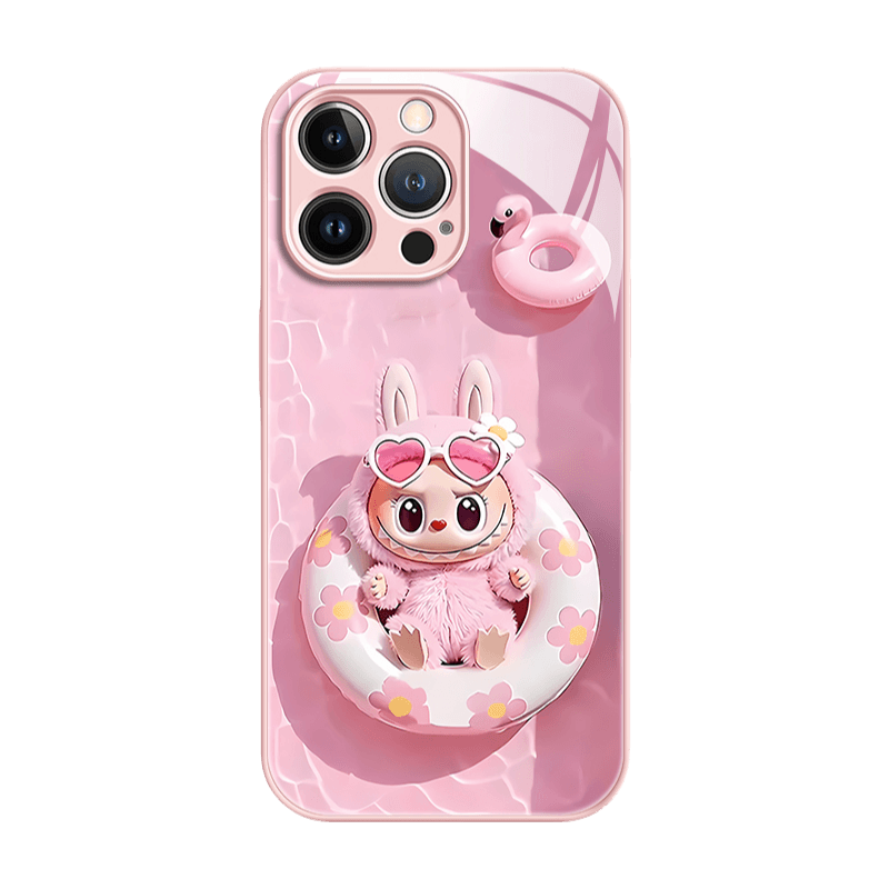 Labubu Liquid Glass Shockproof Phone Case Pink&White Frame + Pink Labubu Trendy Artistic LB038 - yTagCase