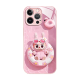 Labubu Liquid Glass Shockproof Phone Case Pink&White Frame + Pink Labubu Trendy Artistic LB038 - yTagCase