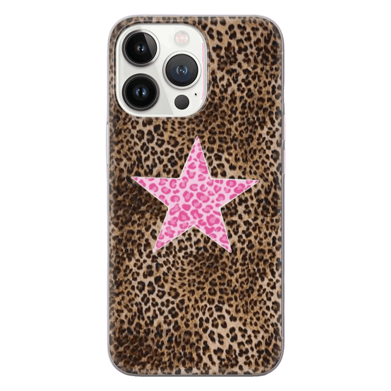 Five-Pointed Star Cheetah Print Phone Case - Stylish Pink Leopard Design for iPhone 14 Plus & Samsung S24 Ultra LP28 - yTagCase