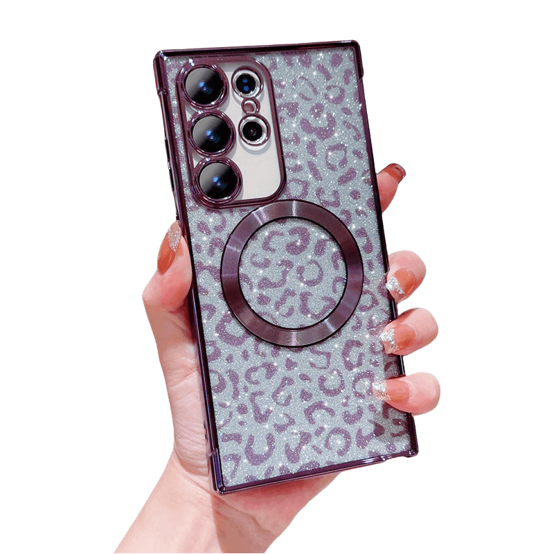 Magnetic Glitter Cheetah Print Phone Case - Electroplated TPU for Samsung Galaxy S24 Ultra LP07 - yTagCase