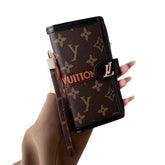 Black Monogram LV Wallet Phone Case with Wrist Strap & Flip Cover for iPhone 16 Pro Max LX115 - yTagCase