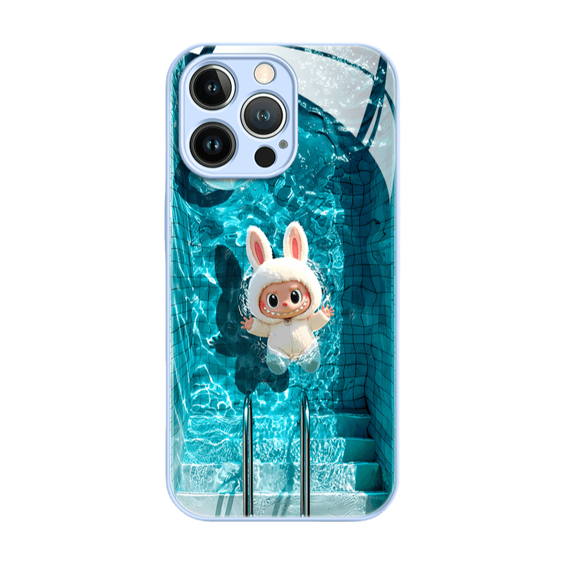 Labubu Liquid Glass Shockproof Phone Case Far Peak Blue Frame + White Labubu Trendy Artistic LB030 - yTagCase