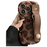 Cheetah Print Leather Phone Case with Wrist Strap - Stylish Animal Texture Protective Cover for iPhone 14 Plus LP10 - yTagCase