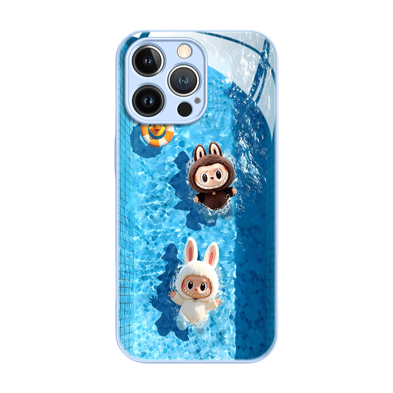 Labubu Liquid Glass Shockproof Phone Case Far Peak Blue Frame + Black&White Labubu Trendy Artistic LB035 - yTagCase