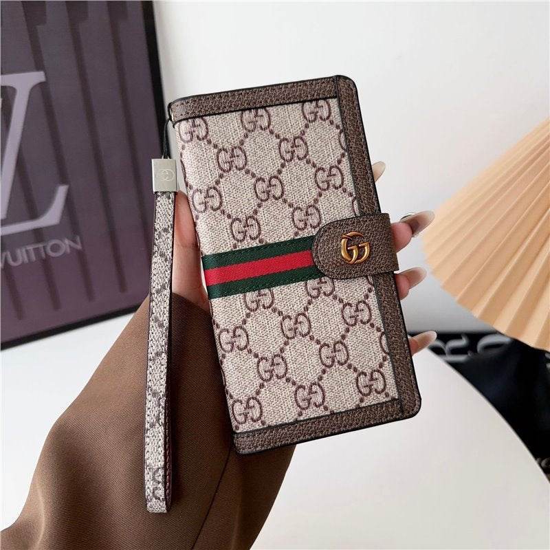 Brown GG Wallet Phone Case with Wrist Strap & Flip Cover for iPhone 16 Pro Max LX116 - yTagCase