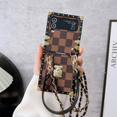 Brown Checkerboard LV-inspired Trunk Series Phone Case for Samsung Z FLIP3/4/5/6 with Crossbody Strap | LX018 - yTagCase
