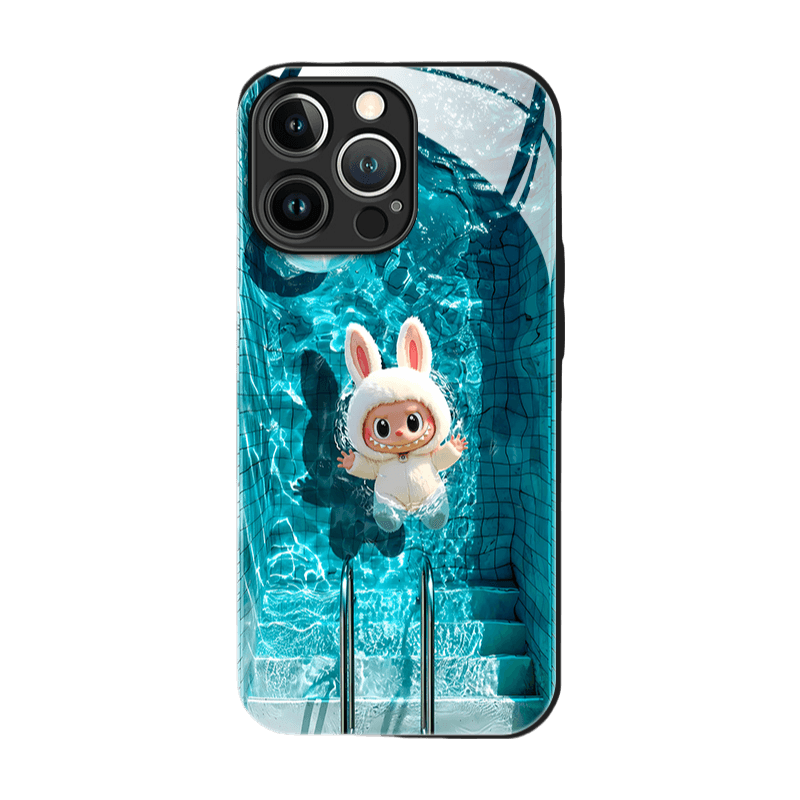 Labubu Liquid Glass Shockproof Phone Case Black Frame + White Labubu Trendy Artistic LB027 - yTagCase