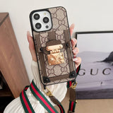 Gray GG Crossbody Phone Case with Wallet & Strap - Luxury Designer iPhone Case LX108