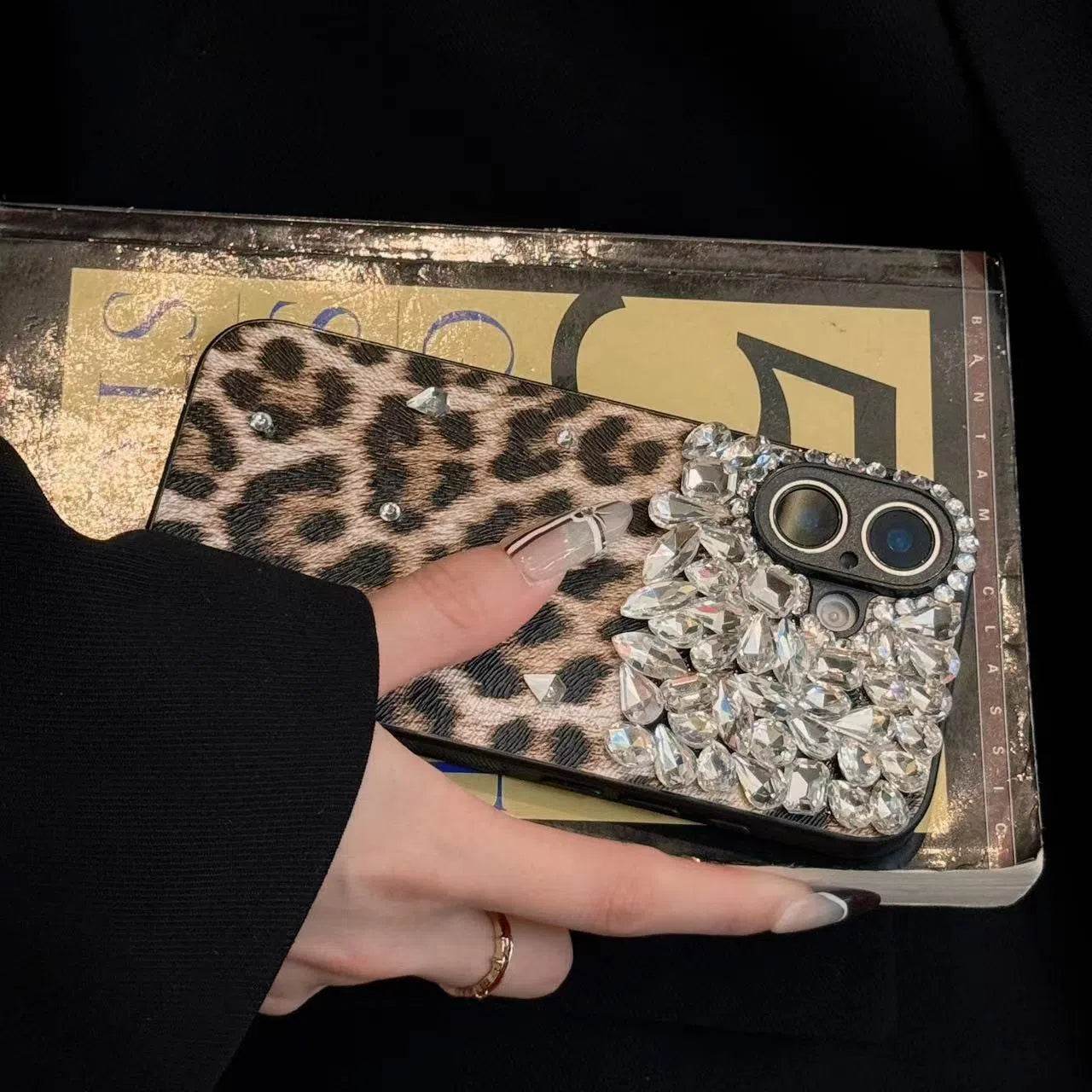 Luxury Cheetah Print Phone Case with Gemstones - Shockproof Full-Body Protection for iPhone 14/13/12 LP14 - yTagCase