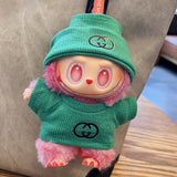 Green Labubu doll clothes set with Gucci-style hat and outfit