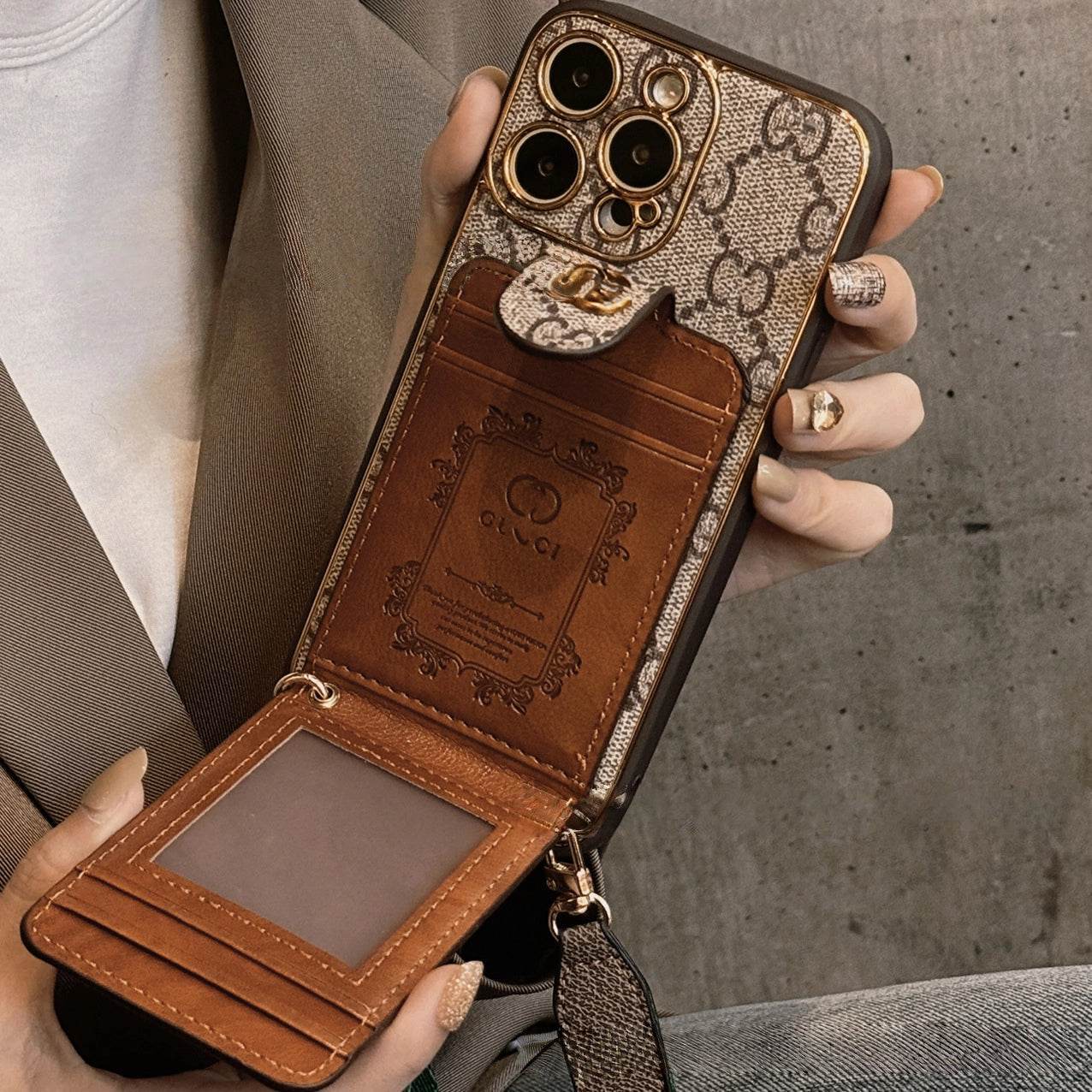 Beige GG Pattern Phone Case with Crossbody Strap & Card Holder | LX023 - yTagCase