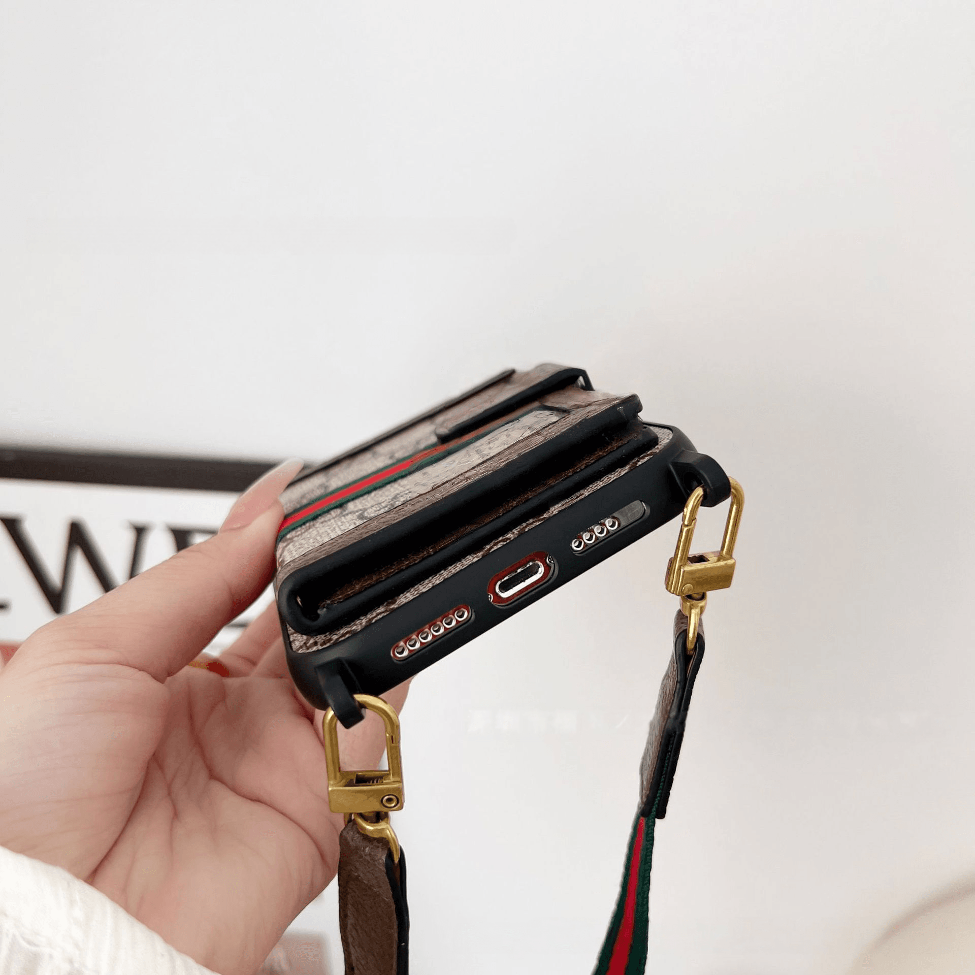 Cream GG Pattern Phone Case with Crossbody Strap & Card Holder LX063 - yTagCase