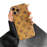 Khaki LV inspired phone case with luxury leather and metal finish for iPhone 16 Pro Max aesthetic statement piece