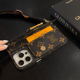Vintage-inspired LV design phone case with scratch-resistant matte finish and crossbody strap for iPhone