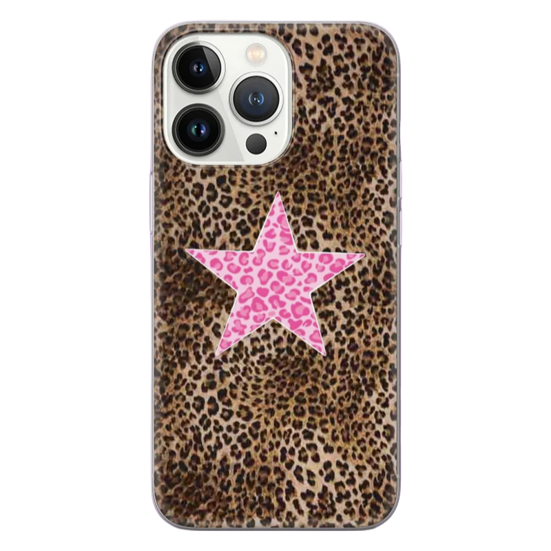 Five-Pointed Star Cheetah Print Phone Case with bold wildlife pattern for iPhone 14 Plus & Samsung S24 Ultra, military-grade protection
