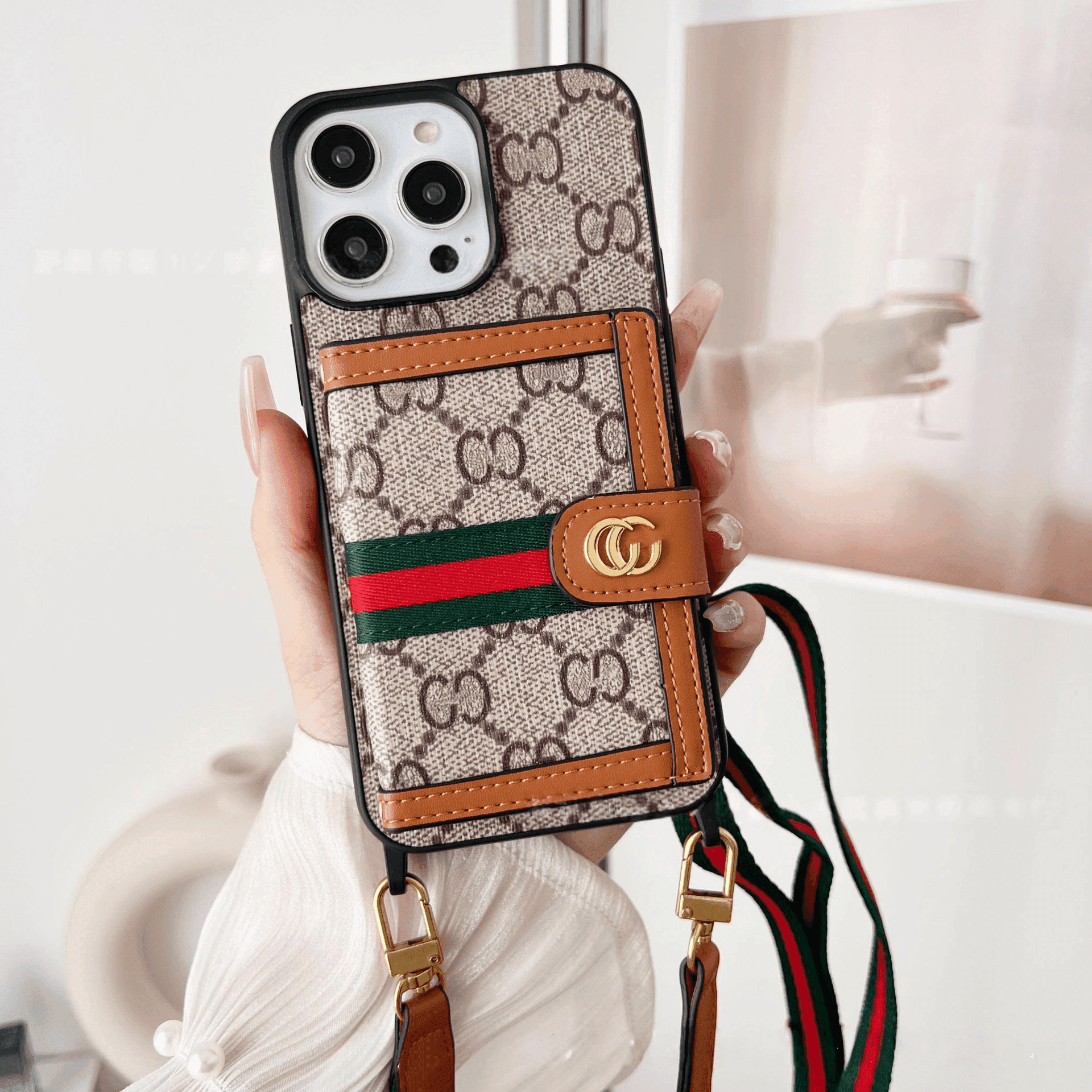 Beige GG Pattern Phone Case with Crossbody Strap & Card Holder | LX065 - yTagCase