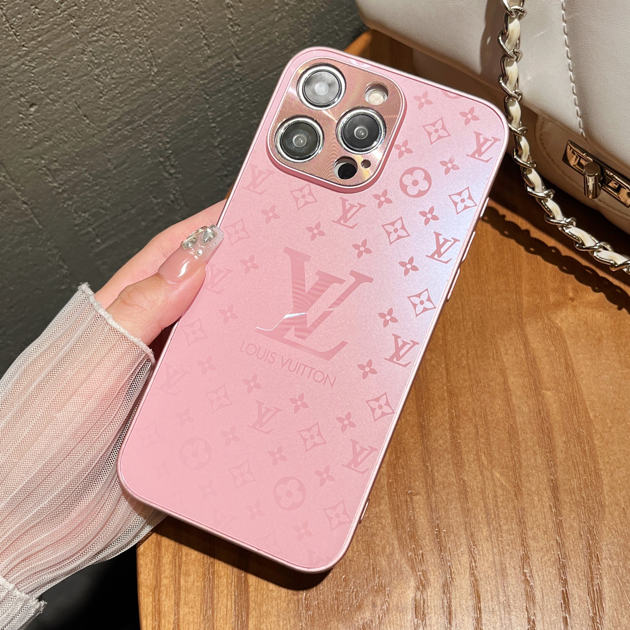 Pink LV inspired frosted glass phone case with camera cover adding luxurious vibe to your essentials