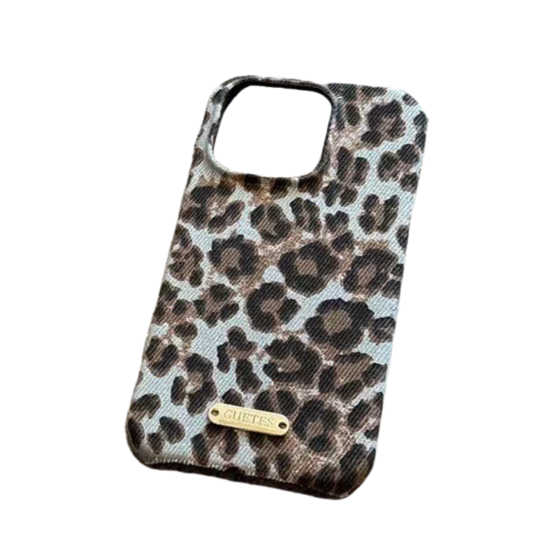Trendy cheetah print phone case with soft velvet texture & silver label for iPhone 14 Plus - stylish protective cover