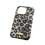 Trendy cheetah print phone case with soft velvet texture & silver label for iPhone 14 Plus - stylish protective cover