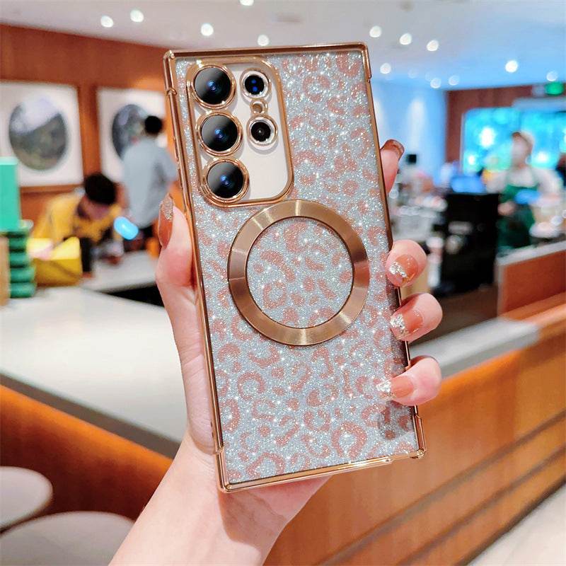 Magnetic Glitter Cheetah Print Phone Case - Electroplated TPU for Samsung Galaxy S24 Ultra LP07 - yTagCase