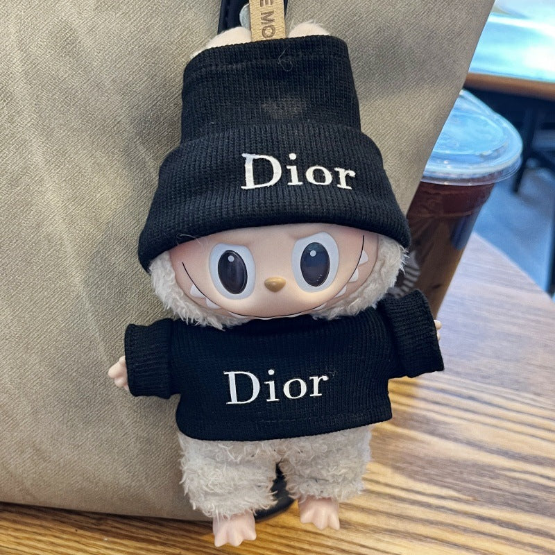 Black Labubu doll clothes set with Dior-style hat and outfit