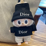 Black Labubu doll clothes set with Dior-style hat and outfit