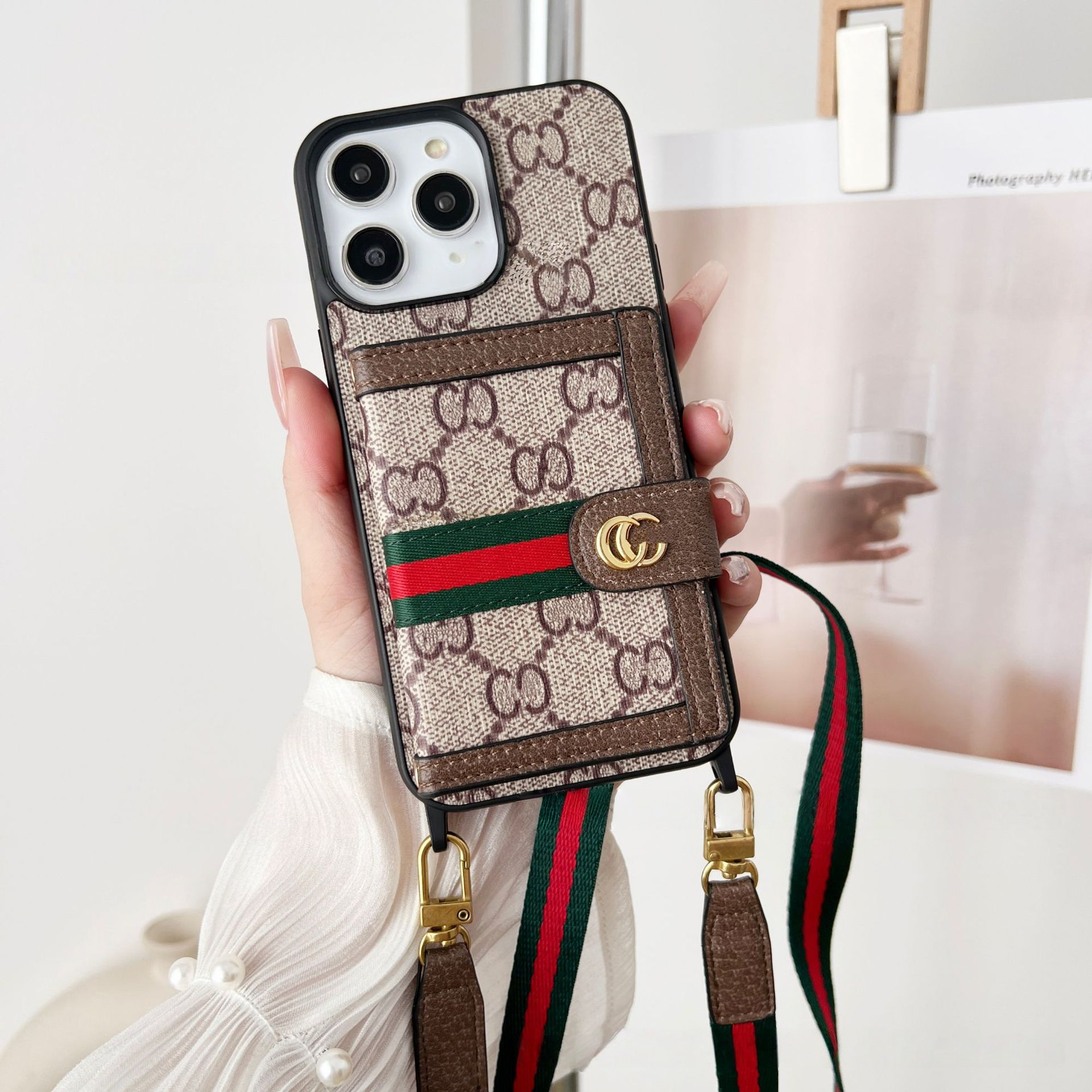 Beige GG Pattern Phone Case with Card Holder crossbody aesthetic statement piece for iPhone