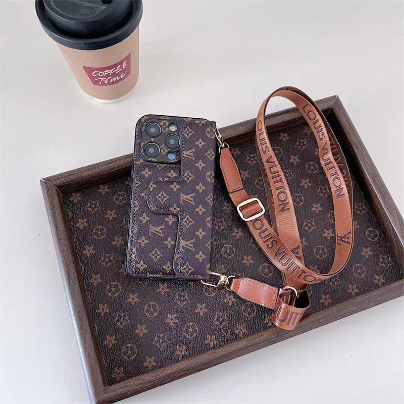 Brown LV Element Phone Case with Floral Print and Crossbody Strap | Sophisticated vibe and built-in card holder for hands-free convenience