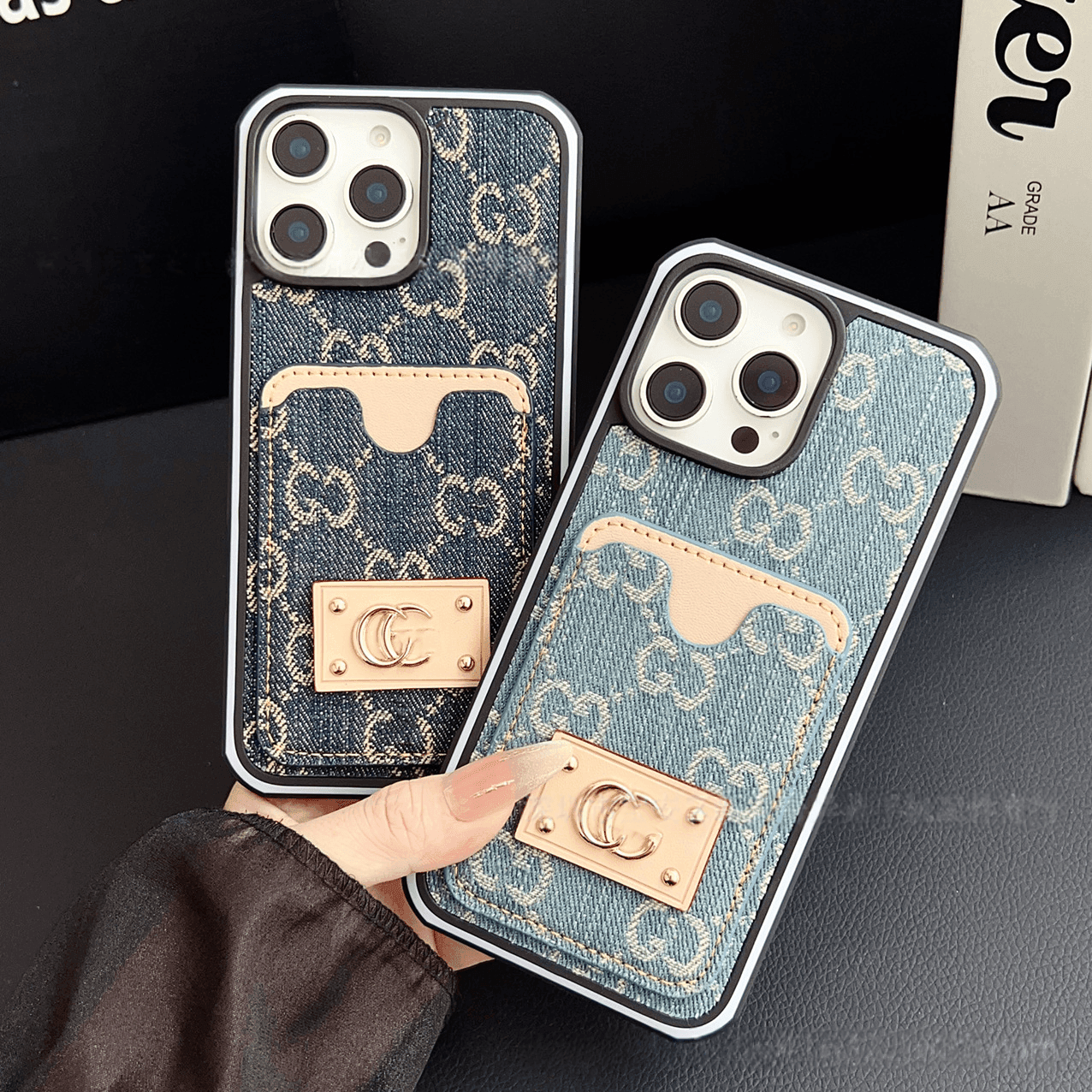 Deep Blue GG Denim Tab Luxury Phone Case LX105 for iPhone 16 Pro Max - yTagCase