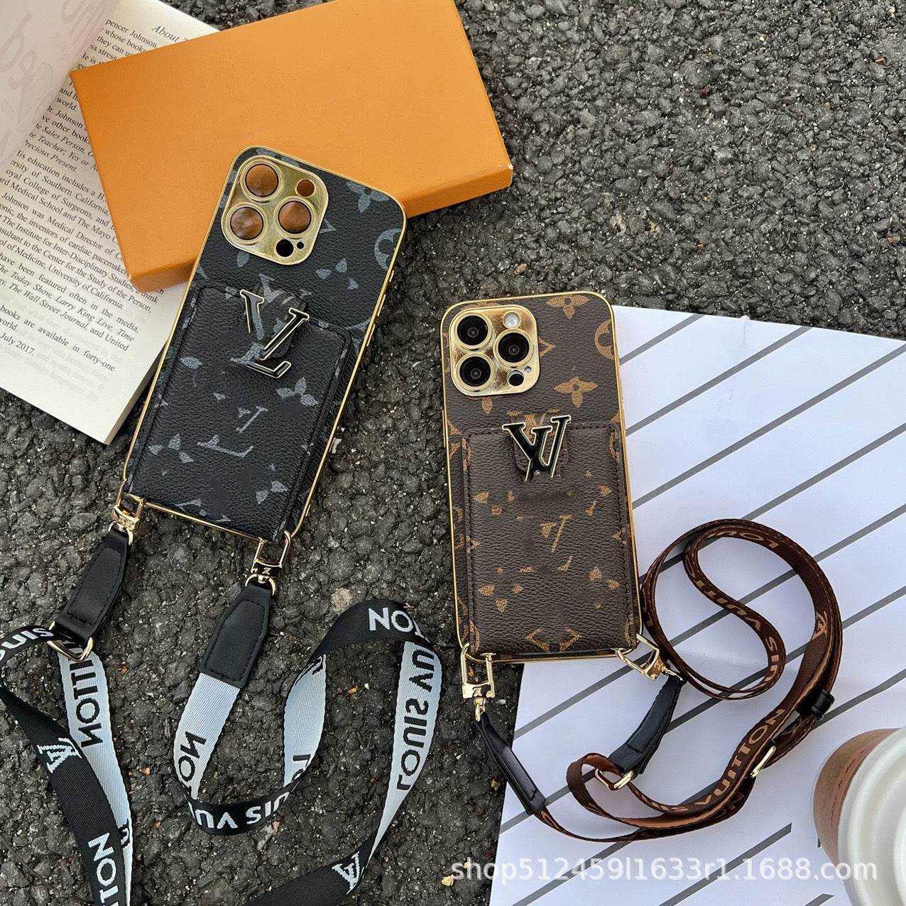 Brown LV Wallet Phone Case with Card Holder | Crossbody Retro iPhone Case LX025 - yTagCase