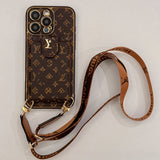Brown LV-inspired wallet phone case with crossbody strap and card holder blending vintage charm with contemporary utility for a boho aesthetic