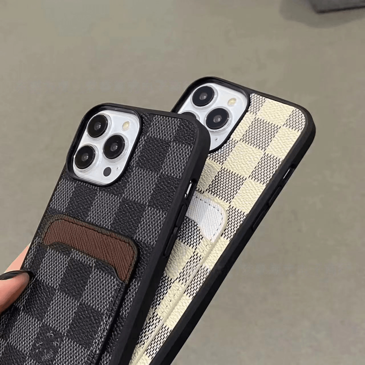 Black Checker LV Wallet Phone Case with Card Holder | Luxury Design | LX092 - yTagCase