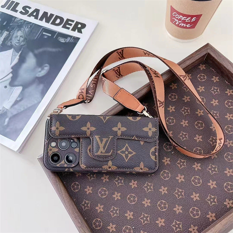 Brown LV floral crossbody wallet phone case for iPhone with built-in card holder and adjustable strap boho aesthetic