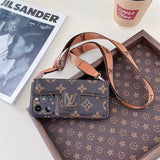 Brown LV floral crossbody wallet phone case for iPhone with built-in card holder and adjustable strap boho aesthetic