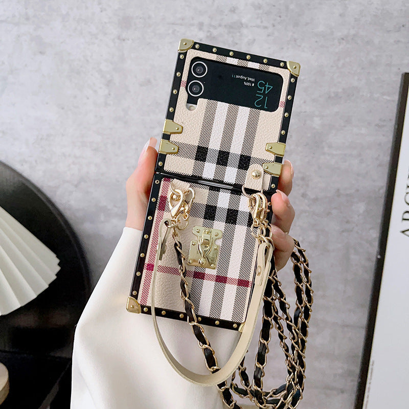 Beige Checkered LV-Inspired Trunk Series Phone Case for Samsung ZFLIP with crossbody strap Parisian Luxury at Your Fingertips hands-free chic aesthetic