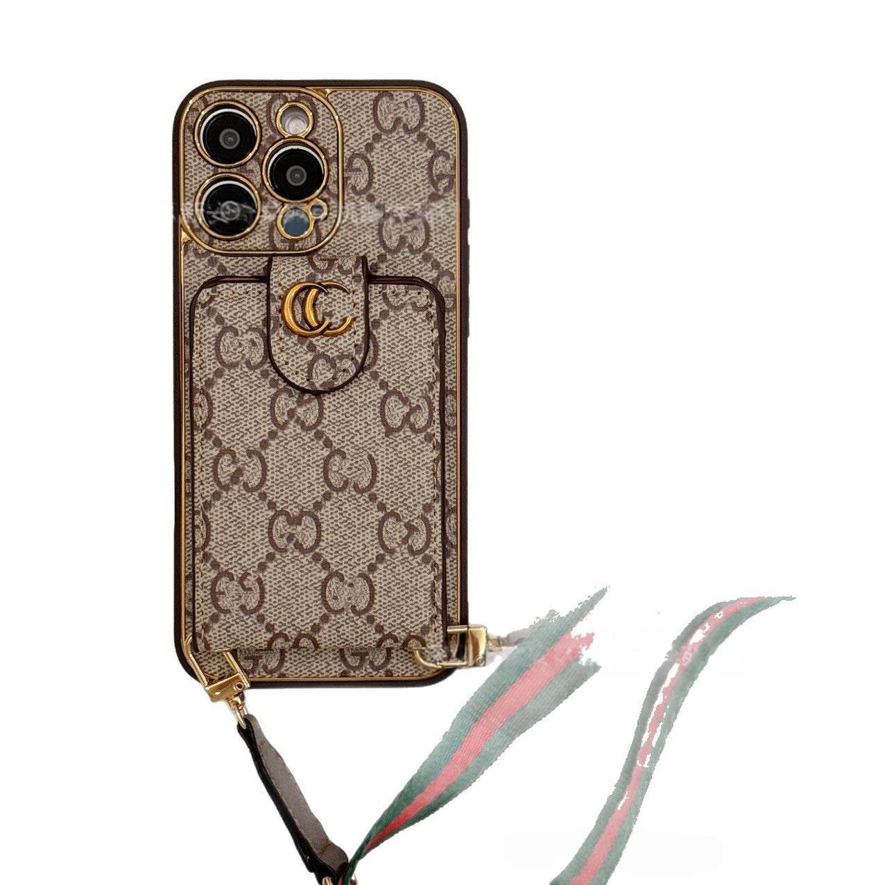 Beige GG Pattern Phone Case with Crossbody Strap & Card Holder | LX023 - yTagCase