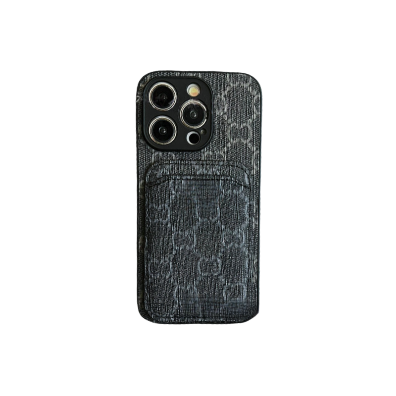 Black GG Element Phone Case with Card Holder slim profile luxury aesthetic for iPhone 16 Pro Max