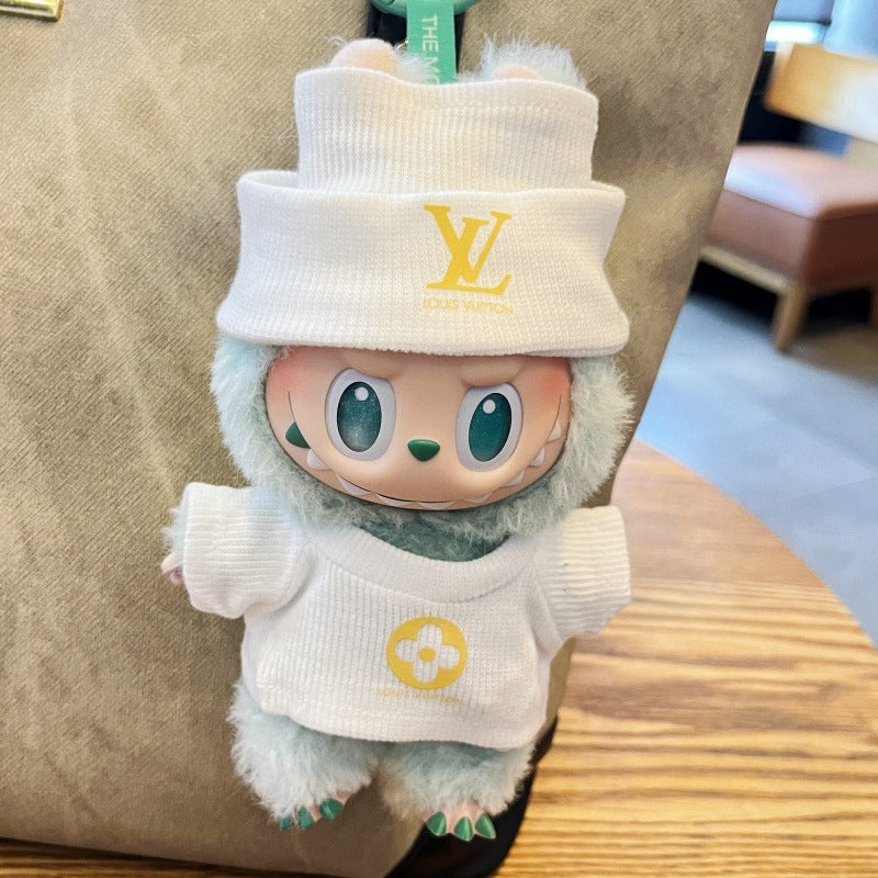 White Labubu doll outfit with LV-style pattern featuring matching hat and dress