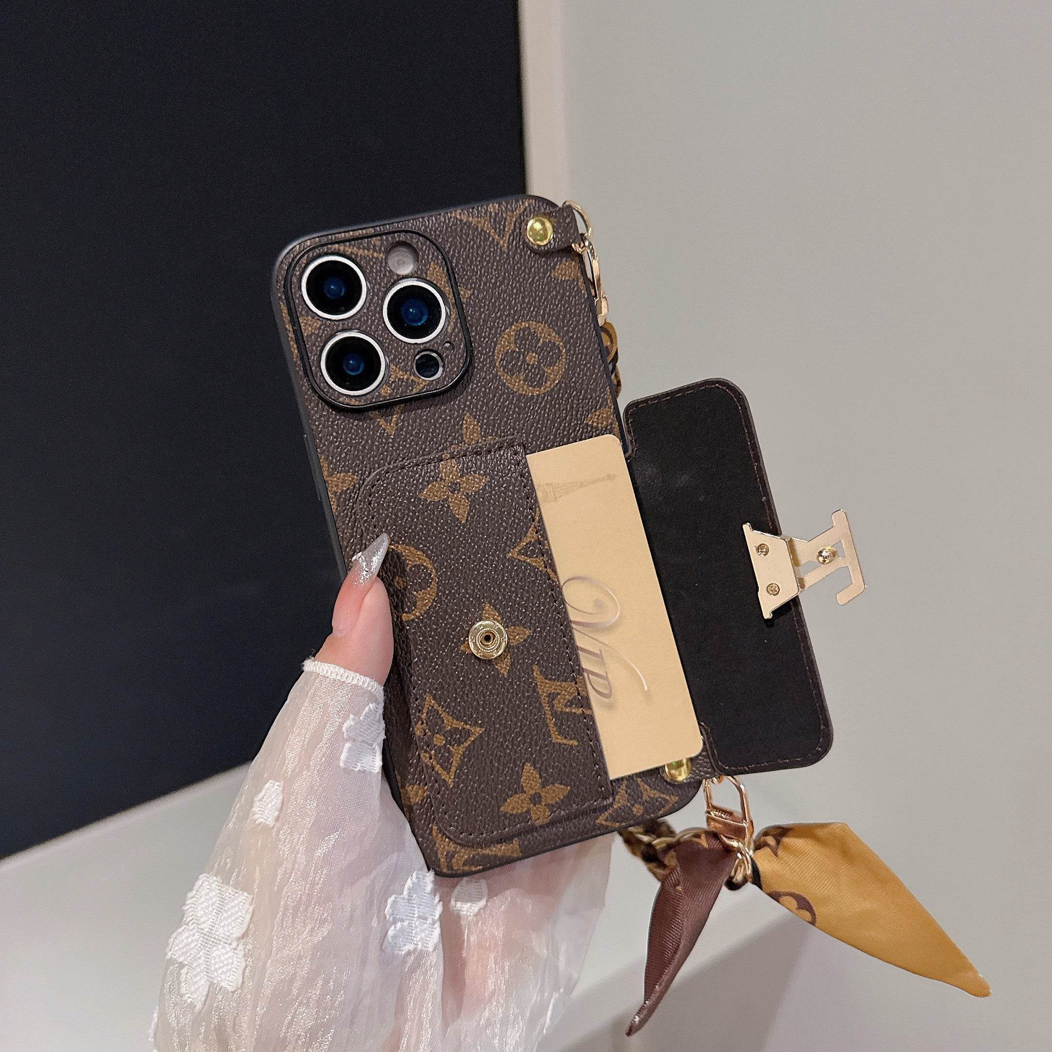 Brown Monogram LV Crossbody Phone Case with Card Holder & Adjustable Strap for iPhone 16 Pro Max LX095 - yTagCase