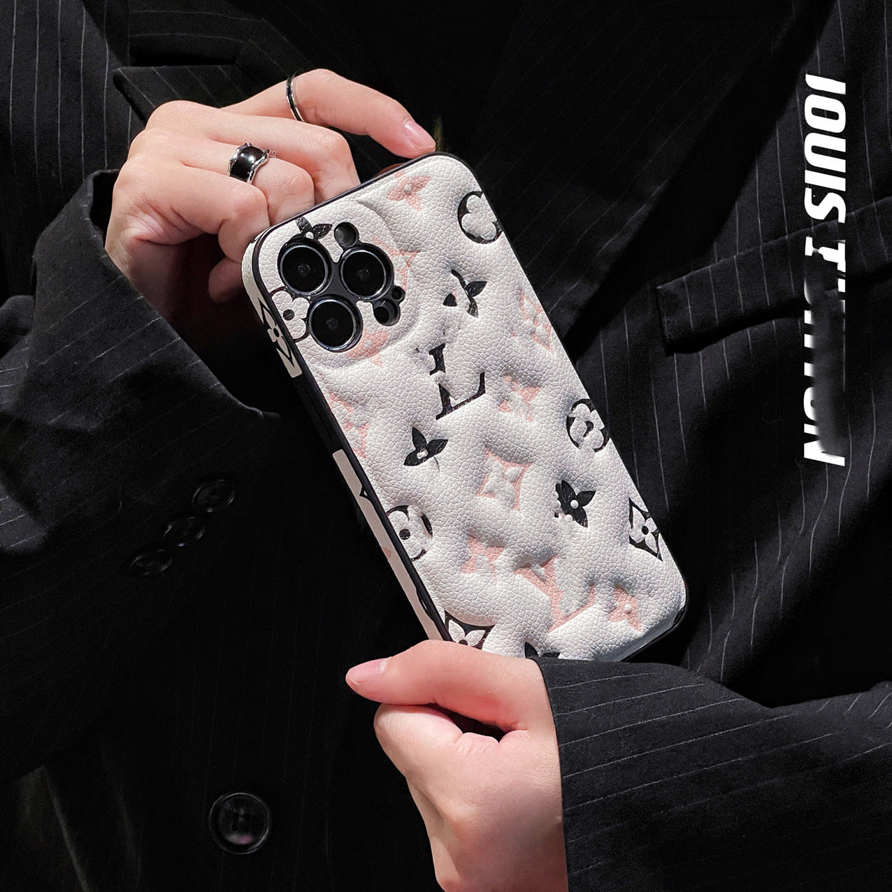 White LV Element Phone Case with black floral pattern fade-resistant printing technology for iPhone 16 Pro Max aesthetic vibe