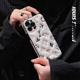 White LV Element Phone Case with black floral pattern fade-resistant printing technology for iPhone 16 Pro Max aesthetic vibe