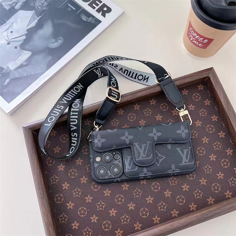 Black LV Element Crossbody Wallet Phone Case for iPhone with card holder and durable materials for hands-free convenience