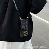 Black LV Element Crossbody Wallet Phone Case for iPhone with built-in card holder and scratch-resistant matte finish for a sleek aesthetic