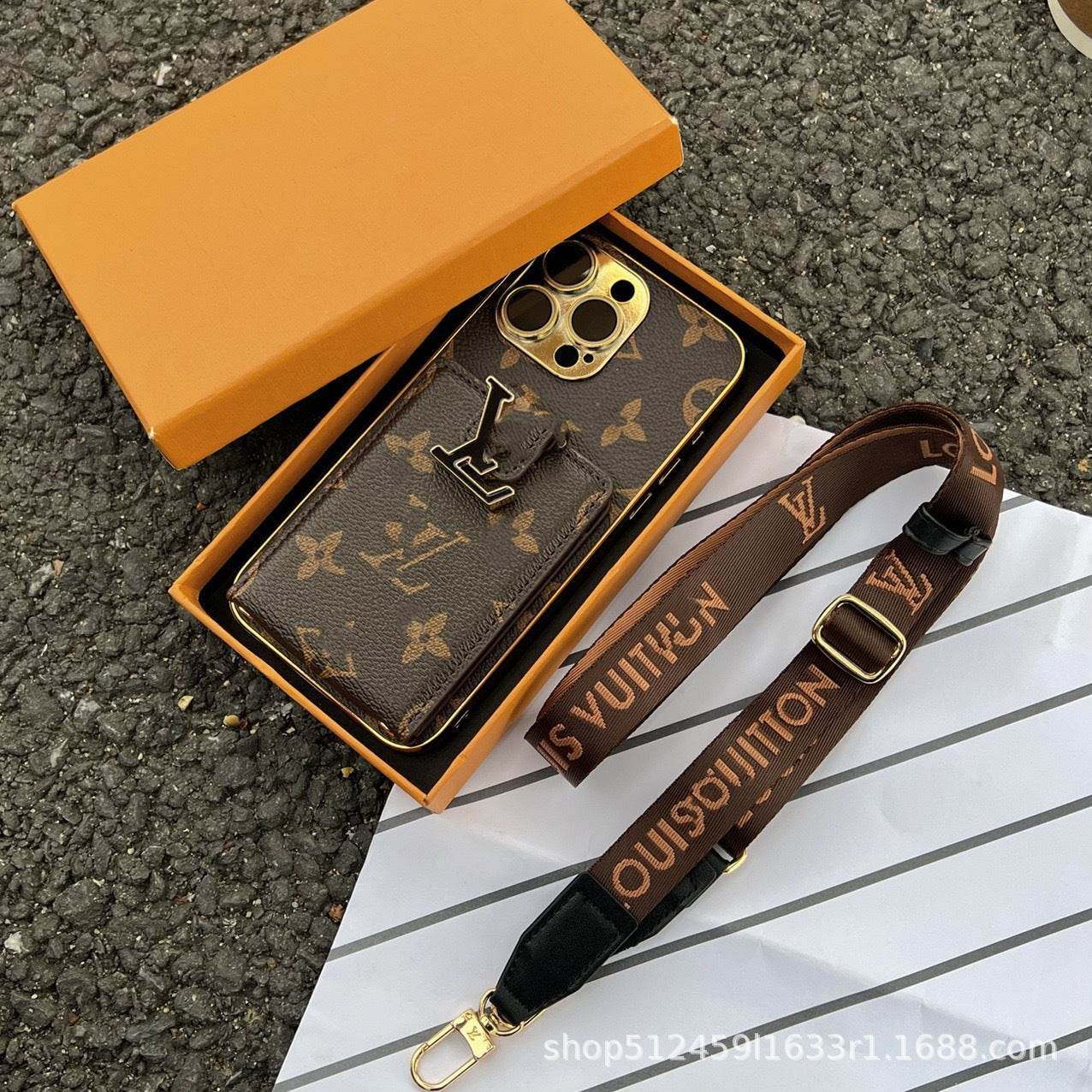 Brown LV Wallet Phone Case with Card Holder | Crossbody Retro iPhone Case LX025 - yTagCase