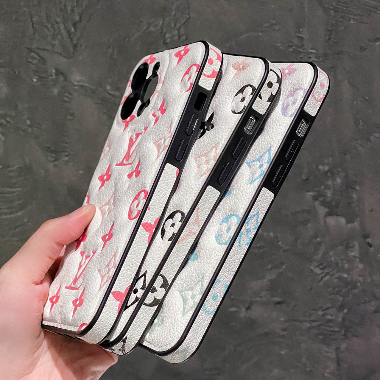 White LV Element Phone Case with Pink Floral Pattern | Luxury iPhone 16 Pro Max Cover | LX043 - yTagCase