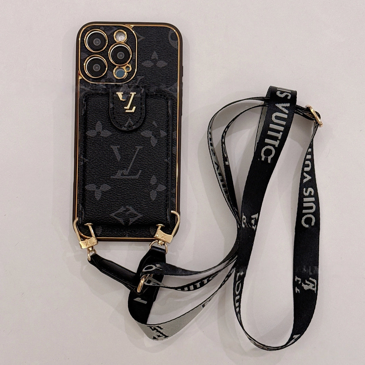 Black LV Element phone case with crossbody strap and card holder for iPhone 16 Pro Max | boho aesthetic statement piece
