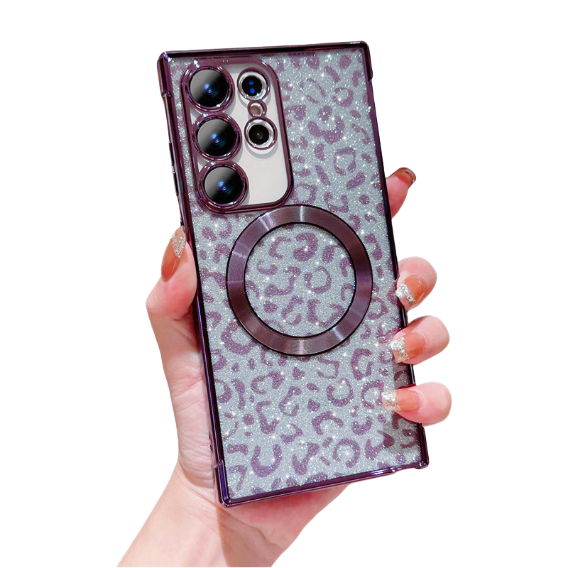 Magnetic Glitter Cheetah Print Phone Case for Samsung Galaxy S24 Ultra with secure MagSafe alignment and electroplated finish.